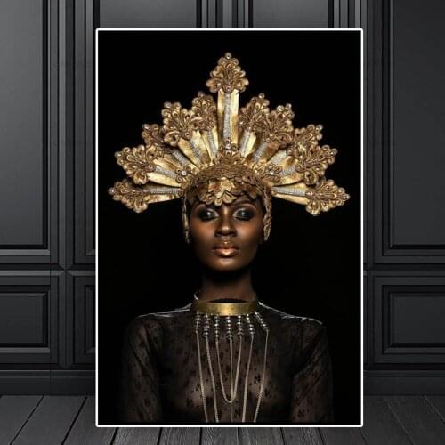 Black African Women Golden Crown Printing Waterproof Canvas Painting Wall Art Posters and Print Garden Decoration Paris Artisitc