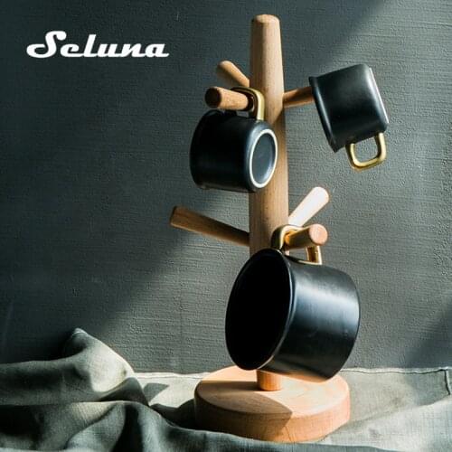 Wooden Coffee Cup Holder Beech Wood Tree Stand Rack 6 Cup Mug Holder Countertop Pantry Stands Mug Shelves Hanger Kitchen Display