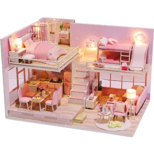 DIY Wooden Dollhouse Miniature LED Light Furniture Doll House