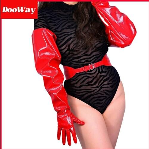 DooWay Women Super Long Leather Gloves Oversize Wide Puff Sleeve PU Red