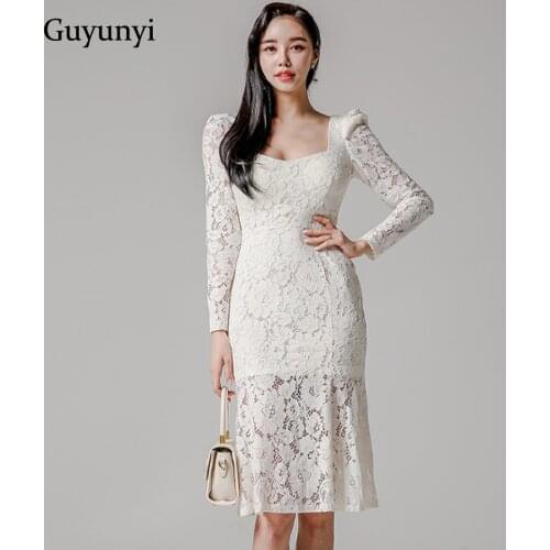 Elegant Lace Dress 2021 Spring Plain Simple Square Collar Long Sleeve Temperament High Waist Tight Party Womens Dresses