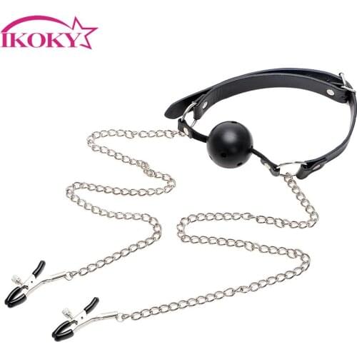IKOKY Open Mouth Ball Gag Nipple Stimulator Sex Toys for Women Men Couple with Nipple Clamp Adult Games Oral Fixation