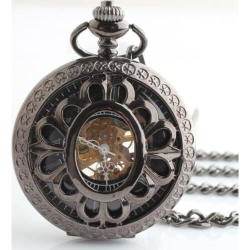 10pcs/lot Vintage Black Hollowed Skeleton Mechanical Pocket Watch Roman Dial Men Gift Pocket Watches