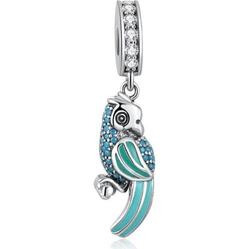 S925 Silver Pendant Bead DIY Jewelry Tropical Parrot Dangle Charm fit Women Bracelet Bangle Teal & Clear CZ