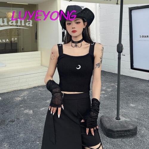 Summer Crescent Embroidery Girl Sexy Short Length Casmiole Black Gothic Lady Basic Stretch Camis Goth Harajuku Top Streetwear