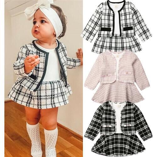 Fashion 1-6Y Baby Girls Clothes Sets Birthday Long Sleeve Plaid Coat Tops+Dress 2Pcs Party Warm Outfit