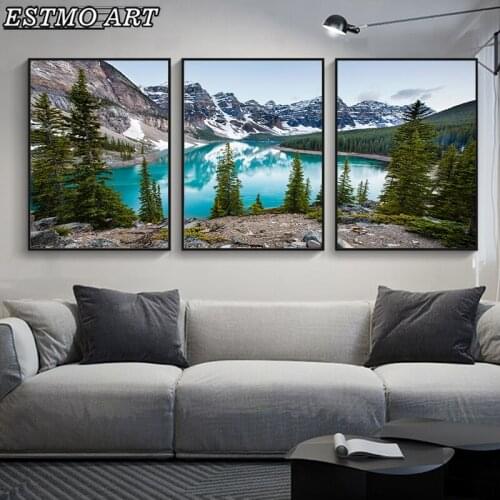 Canvas Print Modular 3Pcs Green Trees and Blue Lake Snow Mountain Poster and Prints Living Room Wall Art Home Decor Painting