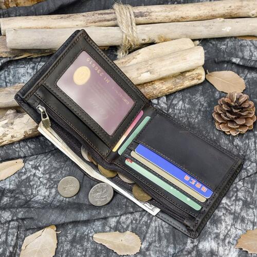 Vintage Genuine cow leather men wallets crazy horse bifold short purse zipper coin pocket card holder male wallet brown carteira