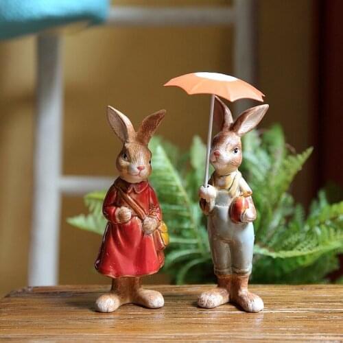 2-piece Set of American Pastoral Couple Rabbit Statues Cute Umbrella Frog Sculpture Easter Garden Decoration Home Decoration