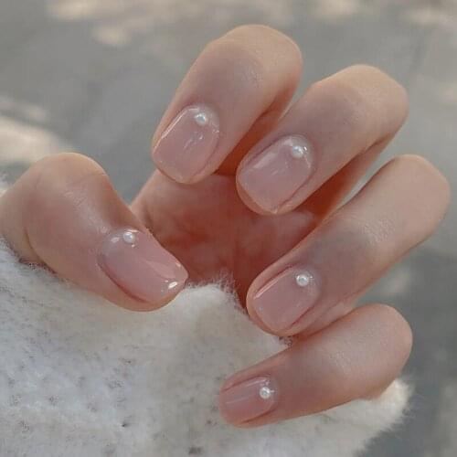 Fake Nails Short Skin Tone and Pearl Wear Nail Art Stickers Finished Nails 24 With Glue TN