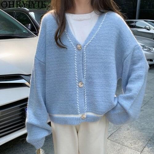 OHRYIYIE Sky Blue Loose Sweater Autumn Winter Womens Fashion Korean Knit Cardigan Female Soft Pink Sweaters Lady Basic Coat Tops