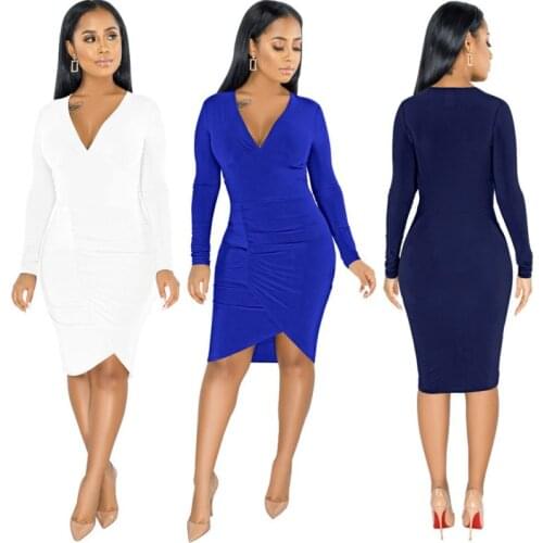 Autumn Womens Dresses Long Sleeve V-neck Sexy Pleated Nightclub Dress Solid Color Slim Sheath Dress Elegant Lrregular Dress