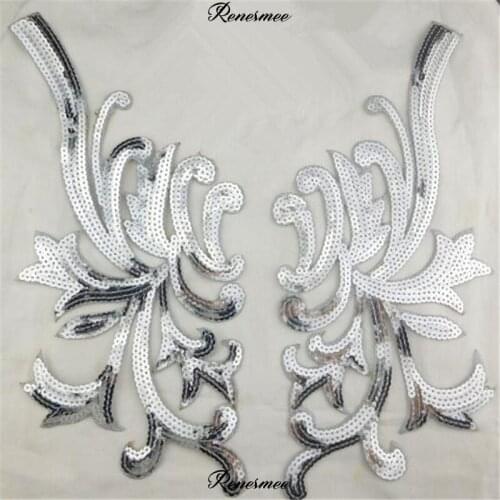 2Pairs Silver Sequins Embroidered Cloth Patch Headbands Waist Iron on Cosplay Appplique Decoration Dance Lace Applique 33X 16cm