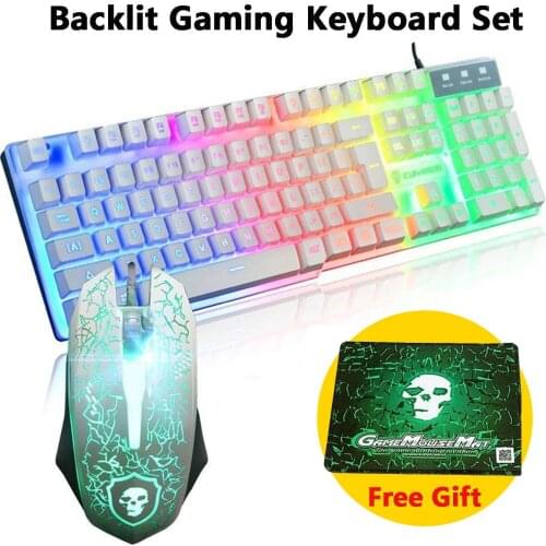 Rainbow Backlight USB 2400DPI LED Gaming Spanish Wireless Keyboard and Mouse Pad Combo Backlit Wired Gamer Key Board Kit Mice