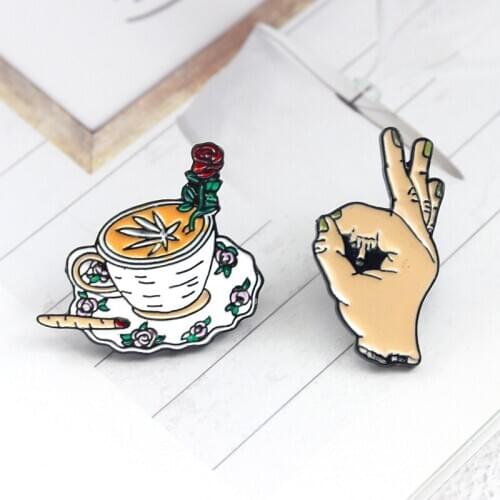 Middle Finger Rose Coffee Enamel Pin OK Brooches Bag Clothes Lapel Custom Pin Button Badges Cool Jewelry Gift for friends