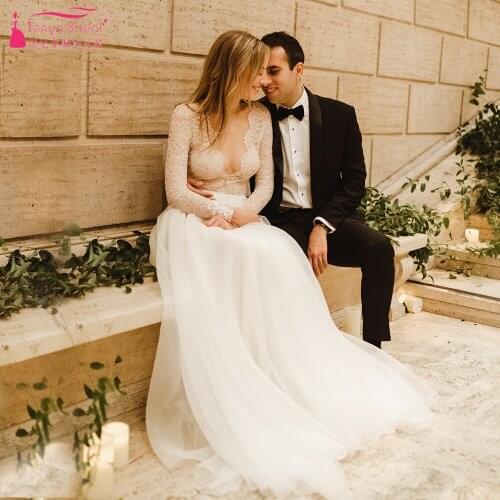 Long Sleeve V-Neck Wedding Dresses See Through Tulle skirt A Line Bridal Gowns Boho Vestido de Noivas ZW411