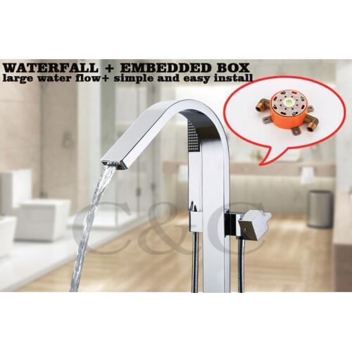 Bath Floor Standing Bath Tub Waterfall Faucet Mixer Set Large Water Flow Easy Installation With Embedded Box 6203