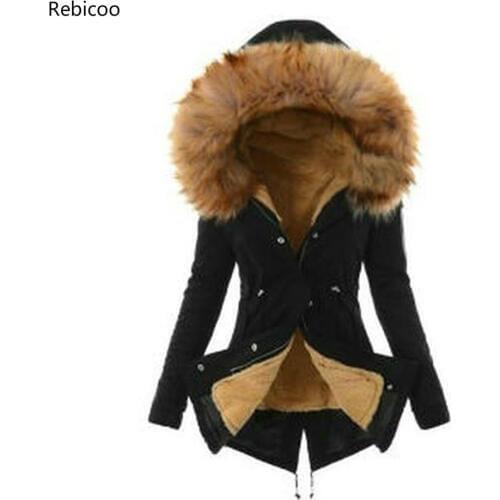 Women Fashion Fur Hooded Parka Jacket Solid Warm Thick Cotton Outwear Overcoat Winter Coat Women Casaco Feminino