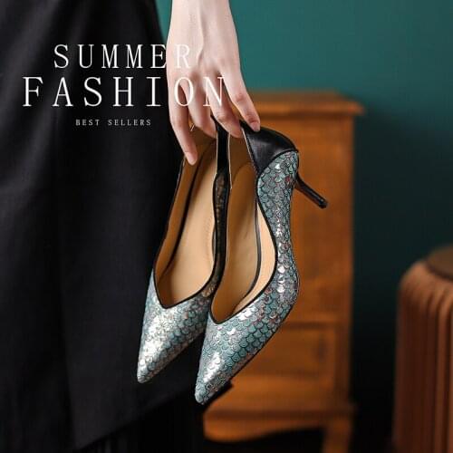 【JOCHEBED HU】Women Pumps Sexy Sequins Blue Genuine Leather Pumps Thin Heels Fish Skin Pattern Party Wedding Elegant Lady Shoes