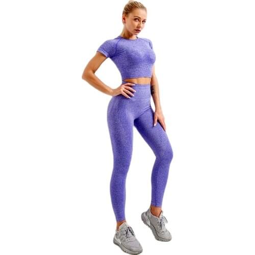 Women Seamless Yoga Set Workout Sportswear Gym Clothing Fitness Short Sleeve Crop Top High Waist Leggings Sports Suits