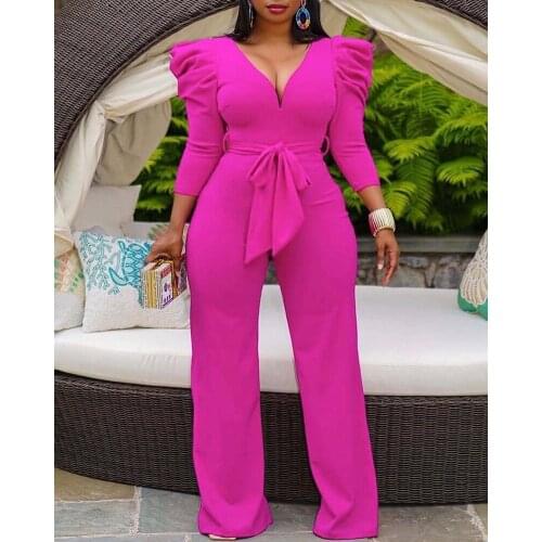 Deep V Neck Wide Leg Jumpsuit Women Office Lady Rompers Puff Sleeve Long Pants Jumpsuit With Belt Vestidos 2021 Autumn