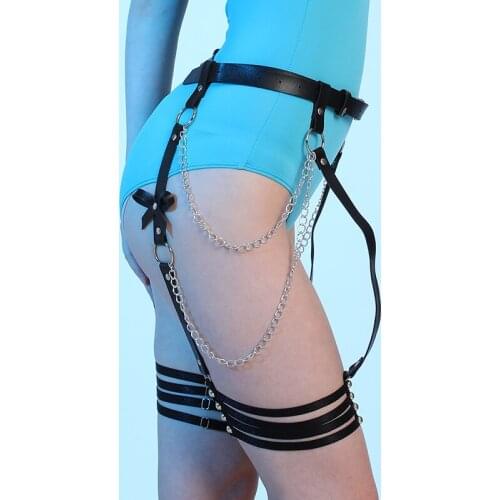Punk Women Chain Belt Leather Harness Bow Garter Belts For Women Harajuku Waist To Leg Bondage Cage Elasticity Suspender