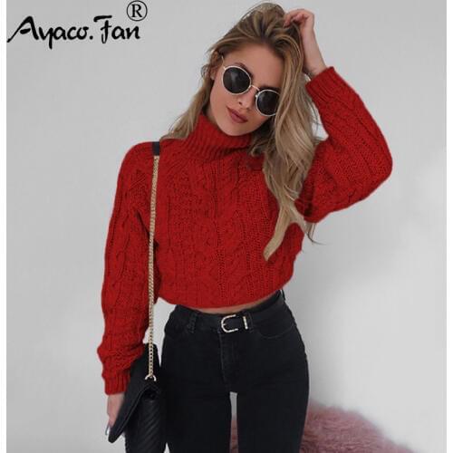 Sexy Midriff-baring Turtleneck Short Sweaters Women 2019 Winter New Solid Full Sleeve Knitting Pullovers Autumn Lady Sweater