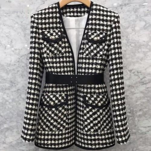 French style vintage Houndstooth plaid small suit women v-neck slim spring autumn office lady blazer