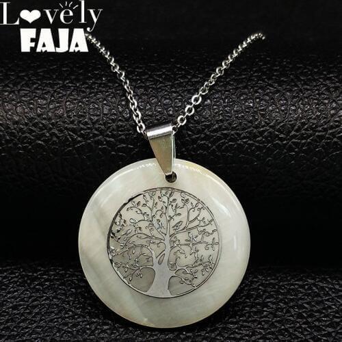2021 Shell Stainless Steel Statement Necklace for Women Silver Color Tree of Life Necklace Jewelry colgantes mujer moda N1887