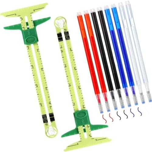 2 Pcs Sliding Gauge Plastic T-Shaped Hem Gauge Measuring Ruler Tool with 8 Pcs Heat Erase Pens Fabric Marking Refills