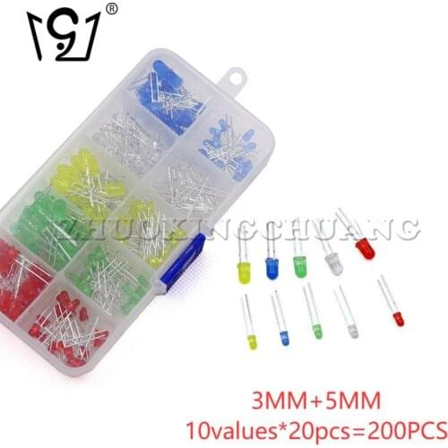 200PCS LED boxed 3MM 5MM LED lamp bead red green blue yellow white LED component box 10values*20pcs