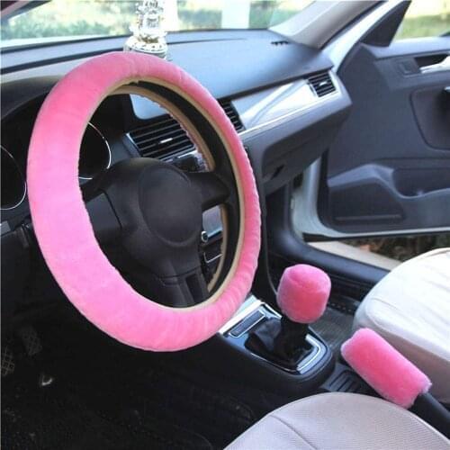 3pcs Car Steering Wheel Cover Gearshift Handbrake Cover Protector Decoration Warm Super Thick Plush Collar Soft Fur For Winter