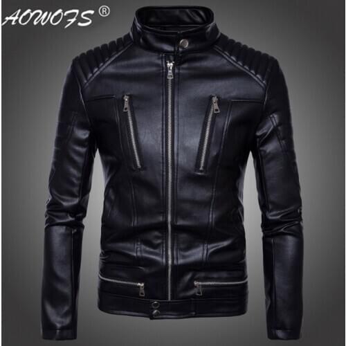 AOWOFS Newest British Motorcycle Leather Jacket Men Classic Design Multi-Zippers Biker Jackets Male Bomber Leather Jackets Coats