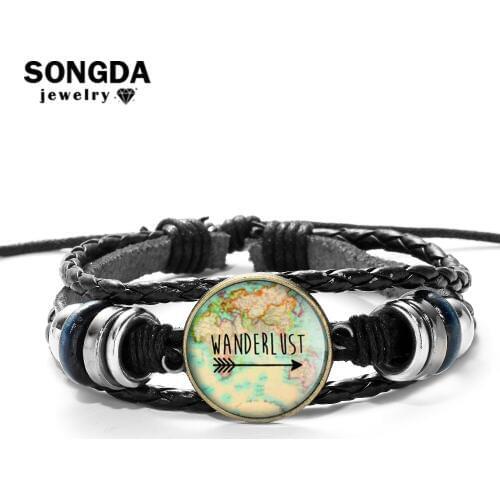SONGDA Earth World Map Leather Bracelet Outdoor Travel Wanderlust Glass Photo Cabochon Bracelets for Women Men Graduation Gifts