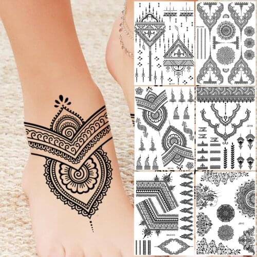 Black Lace Temporary Tattoos For Women Girls Realistic Mandala Henna Flower Fake Tattoo Sticker Foot Body Hena Transfer Tatoos