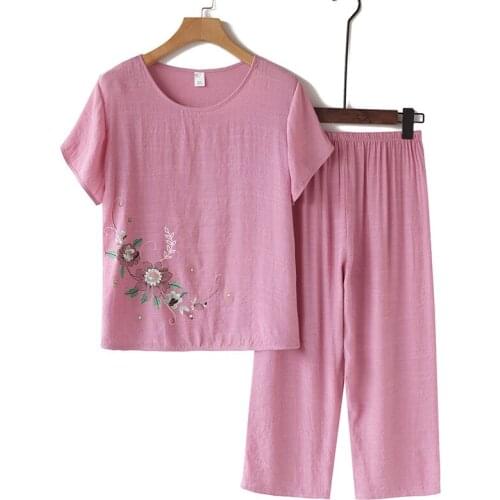 2Pcs Summer Comfortable Mother Sleepwear Cotton And Linen Clothes Pajamas Sets Female Short Sleeve Women Pajama Plus Large Size