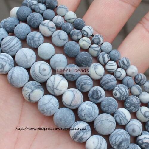 Natural Stone Matte Frosted Black Web Jaspers Loose Spacer Round Beads 15''/ Strand 4-10MM Pick Size For Jewelry Making