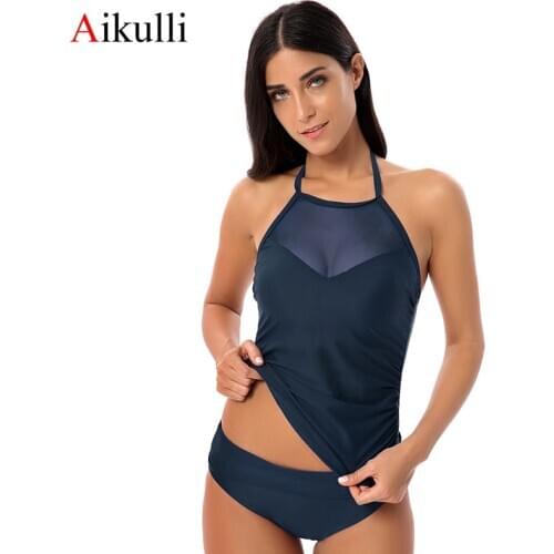 Aikulli Swimwear Women Tankini Mesh Two Piece Biquini Sexy Separate Womens Swimsuit Push Up Backless Bathing Suit Solid Bikinis