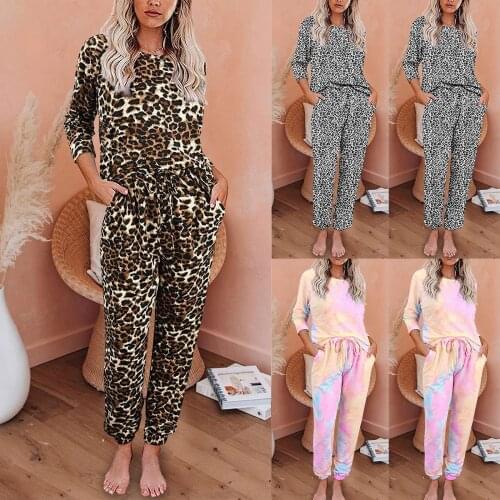 Leopard Two Piece Set Womens Casual Long Sleeve Pant Suits Printed Split Pajamas Home Suit Women Outfit Tracksuits