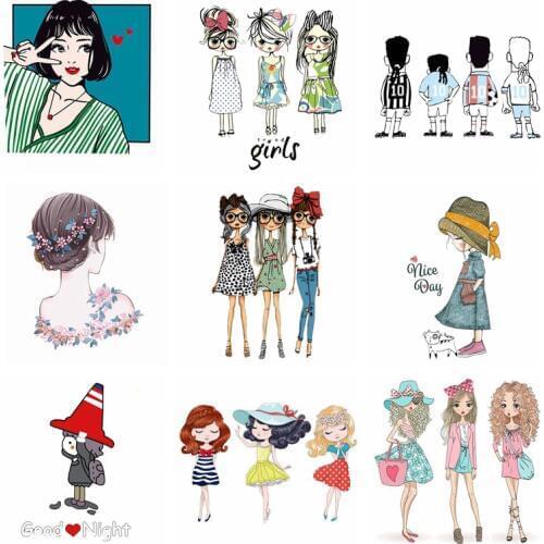 Pulaqi Fashion Cartoon Girls Patches Iron On A-level Patch For DIY T-Shirt Bag Clothing Heat Transfer Pyrography Decoration D