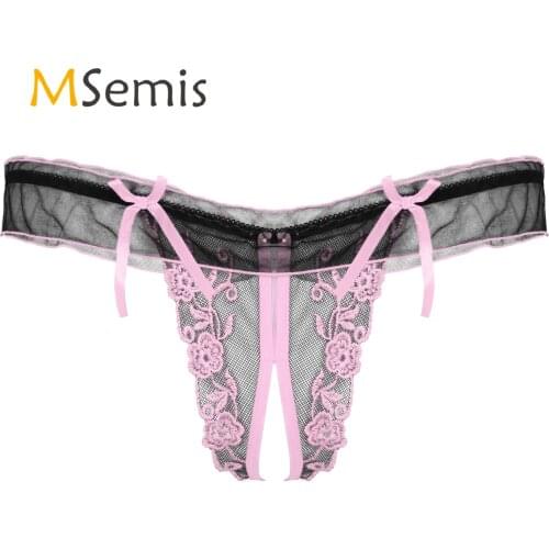 Mens Lingerie Sissy Crotchless Thongs Panties Flower Embroidery Lace Trim Elastic Waistband T-back Bowknot Underpants Underwear