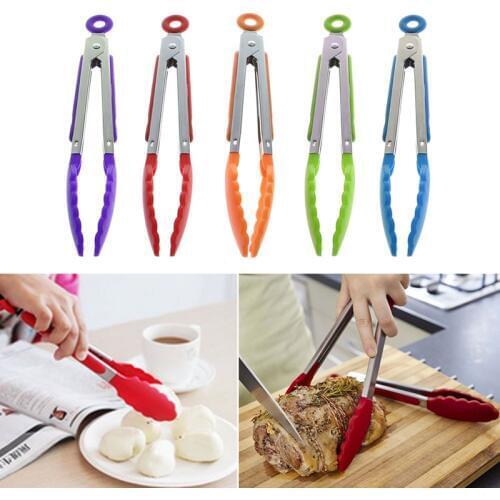 NEW Silicone Kitchen Cooking Salad Serving BBQ Tongs Stainless Steel Handle Utensil