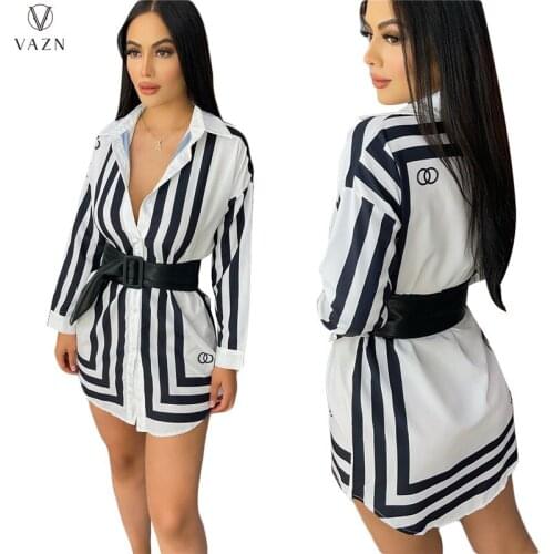 VAZN 2021 Lady New Fashion New Street Casual Style Short Dress Long Sleeve Lapel Printed Single Breasted Mini Short Shirt Dress