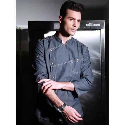 New Wholesale unisex Denim Fabric Chef Jacket Bakery clothes chef coat long sleeves chef restaurant uniform shirts chef uniform