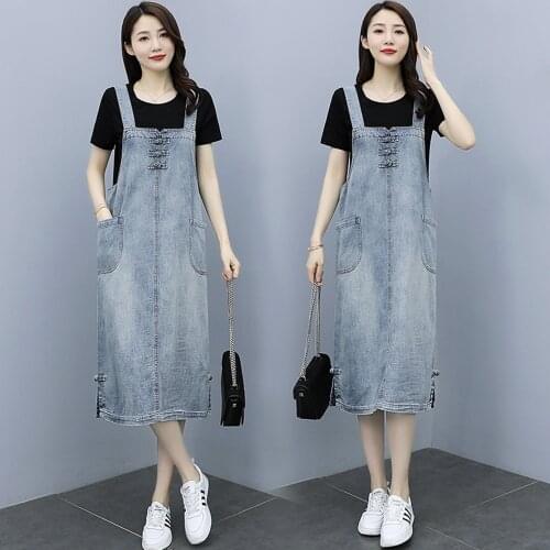 New Women Dresses Plus Size Solid Casual Loose Strap Vest Button Hem Split Pockets Sleeveless Jeans For Females Denim One-Piece