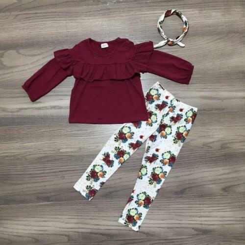 Girlymax Fall/Winter Baby Girls Top Ruffles Wine Burgundy Floral Floral Boutique Outfits Pants Set Kids Clothing Match Headband