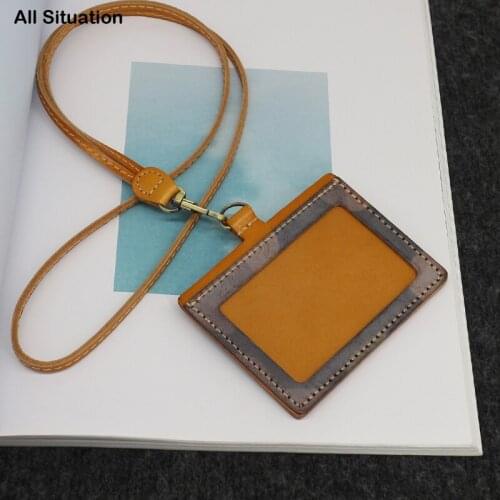 Luxury ID Badge Holder Lanyard For Work Office Genuine Leather Cross Style Tag Credit Card Purse Teacher Identity Bus Card Bag