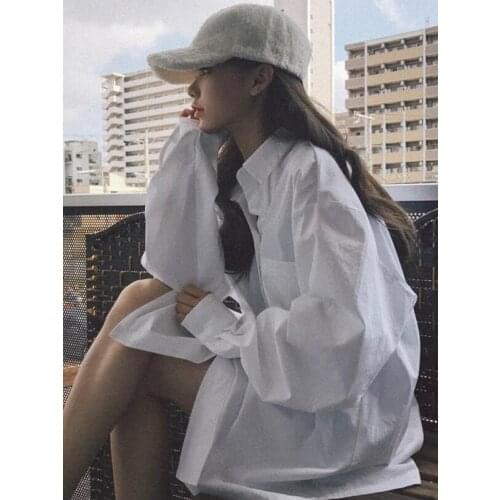 2021 Spring And Autumn Long-Sleeved Lapel Shirts For Women Loose Oversized Long Button Up Shirt Casual Blouse White