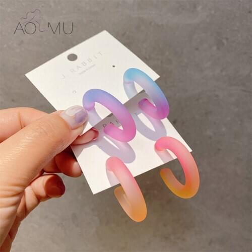 AOMU S925 New Resin Translucent Frosted Gradient Colorful Dazzling C Shape Hoop Earrings for Women Girls Gift Party Jewelry 2020