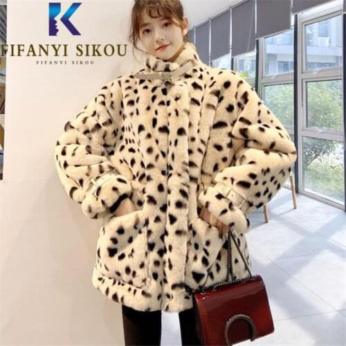 Faux Rabbit Fur Jacket Women Leopard Print Fashion Soft Plush Coat Pocket Loose Thick Warm Overcoat Female 2021 Winter Fur Coat